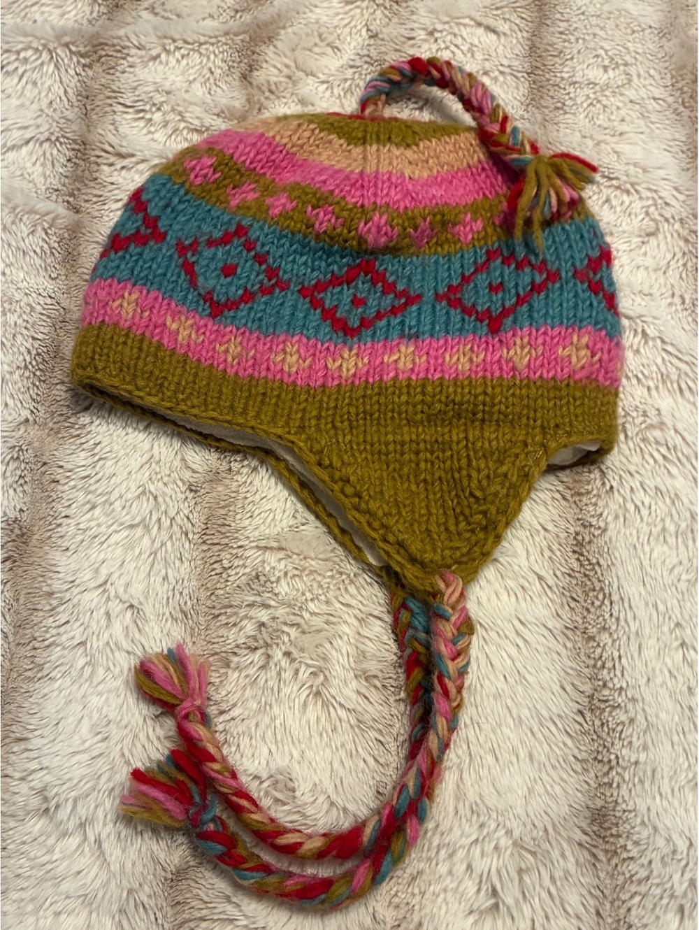 Handmade Peruvian/Nepalese Fair Isle Fleece-Lined Wool Earflap Beanie Hat